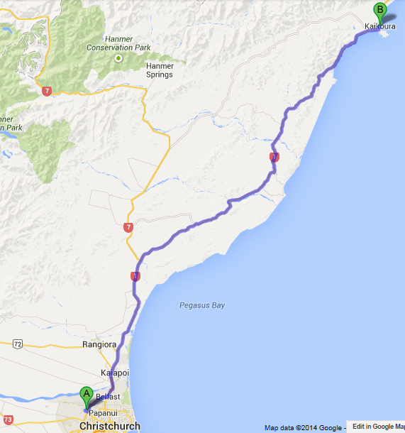 nz d1 christchurch to kaikoura map