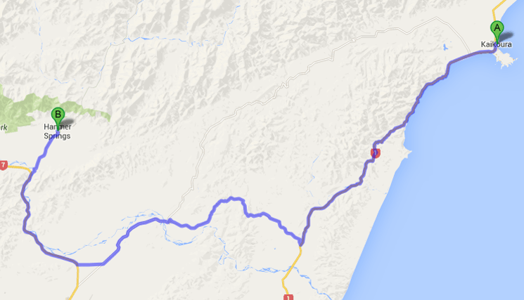 nz d1 kaikoura to Hanmer spring map