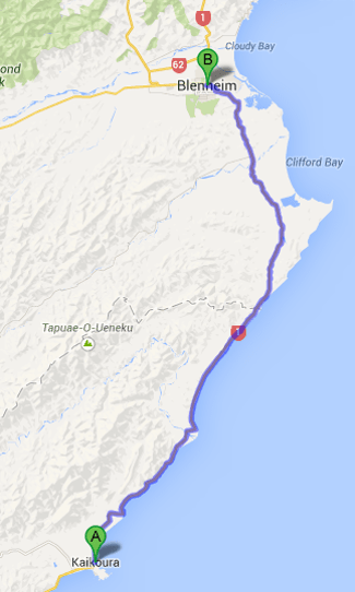 nz d2 Kaikoura to Blenheim map