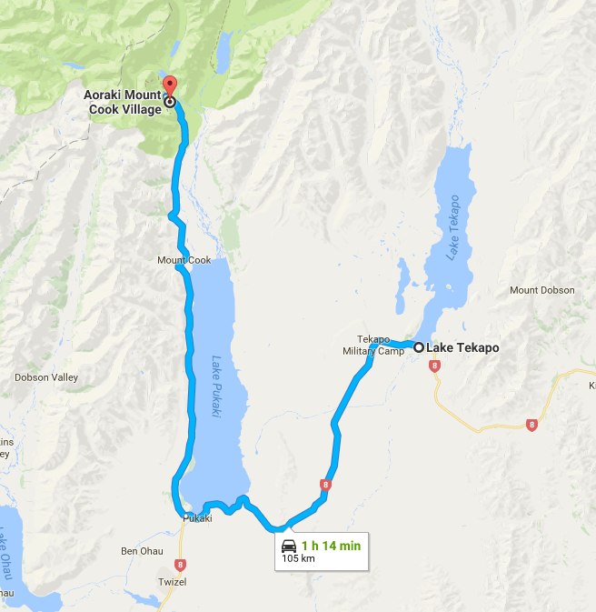 map tekapo to mount cook